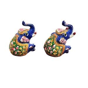 Lucky Elephant Mini Figurines Meenakari Indian Hand-Painted Art Royal Blue